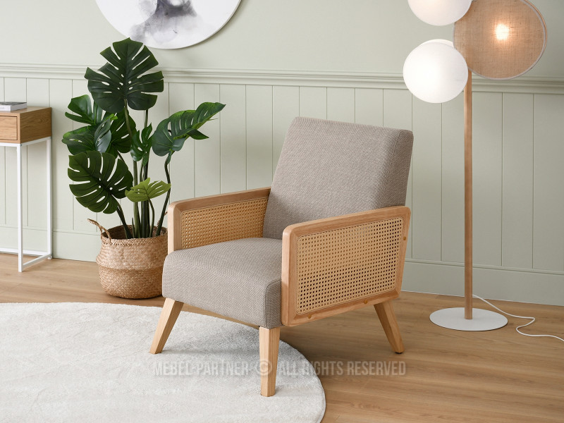 Fotel Foster Beżowy Tkanina Rattan-Dąb, Podstawa Dąb