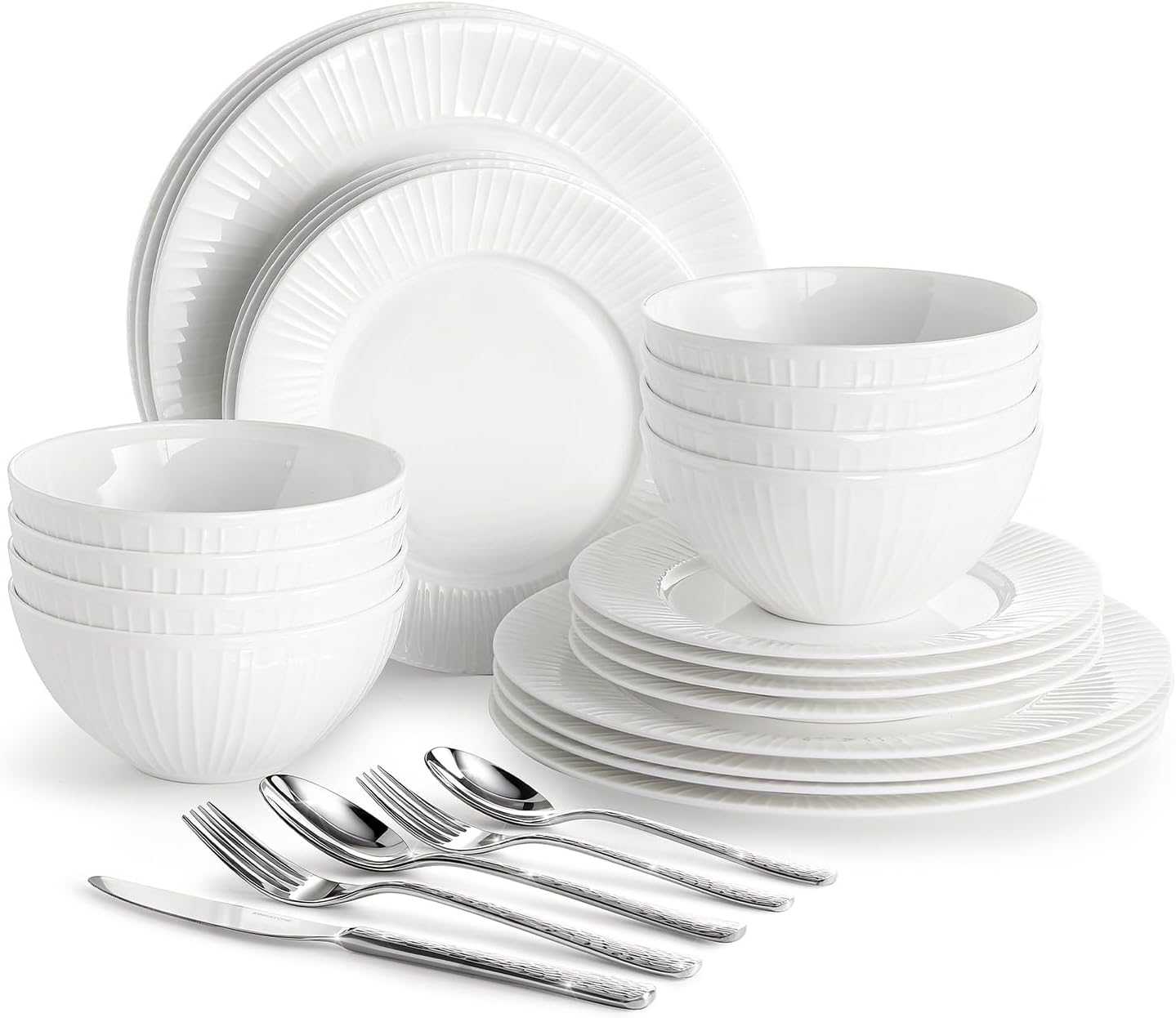 KINGSTONE 24-Piece Bone China Dinnerware Set with 40-Piece flatware, White Lightweight Porcelain Service for 8, for Family Dining, Restaurants, Gifting，Microwave and Dishwasher Safe