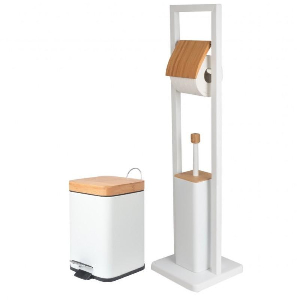 Yoka Home Zestaw łazienkowy 2w1 biały mat bambus: stojak WC 2w1   kosz 3 l