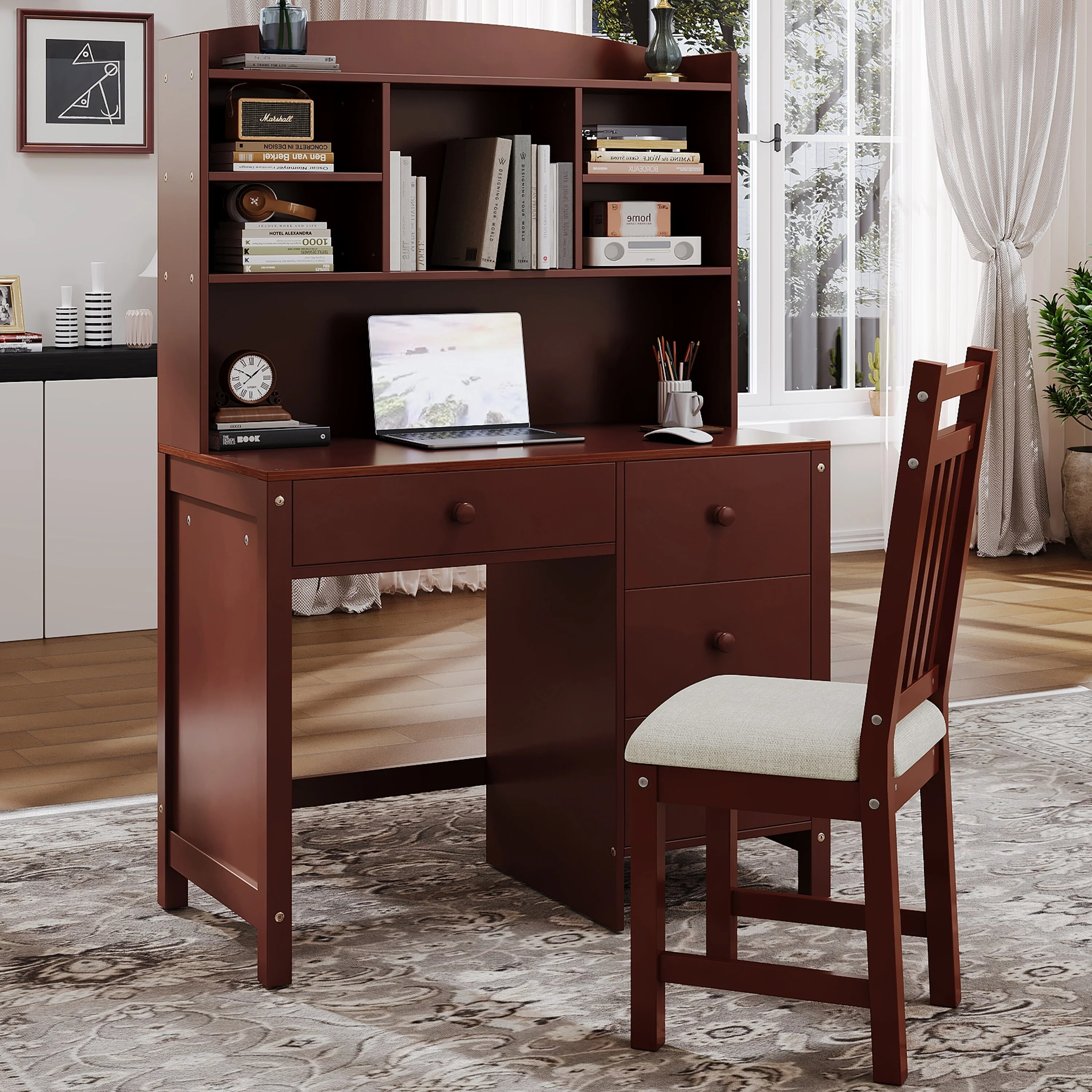 40Home Executive Desk and Upholstered Chair Set with Bookshelf, Computer Desk with Four Drawers, Storage Shelf, and Chair
