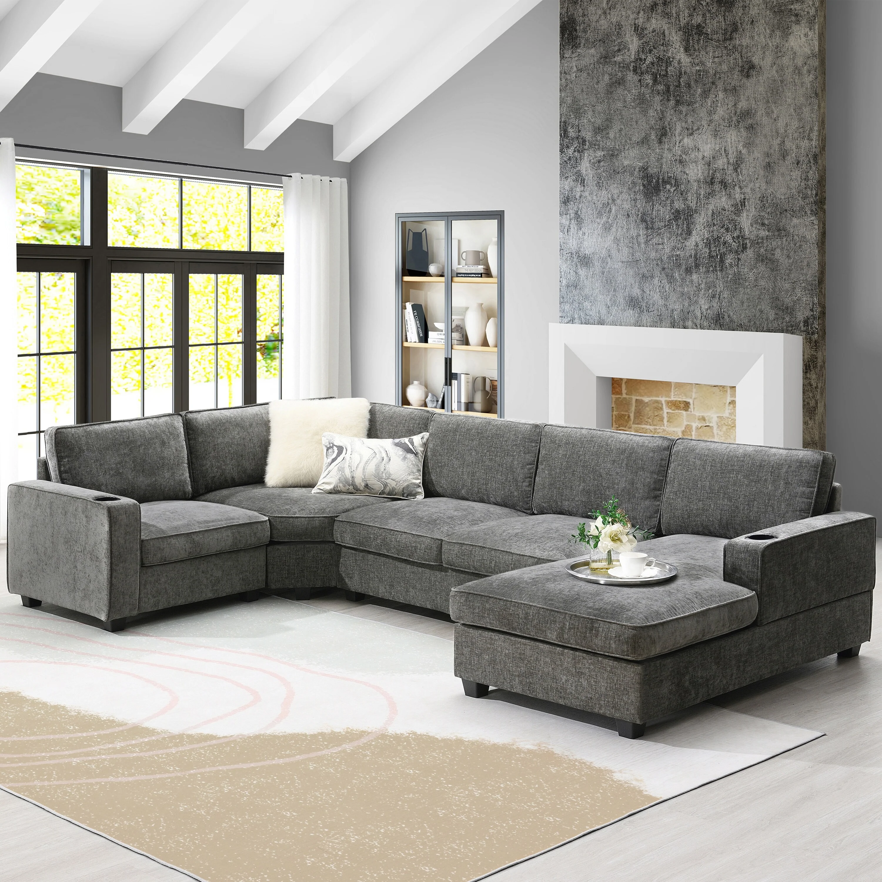 119 U Shaped Sectional Sofa, 6 Seat Oversized Chenille Corner Couch Set with Chaise Lounge and Cup Holders