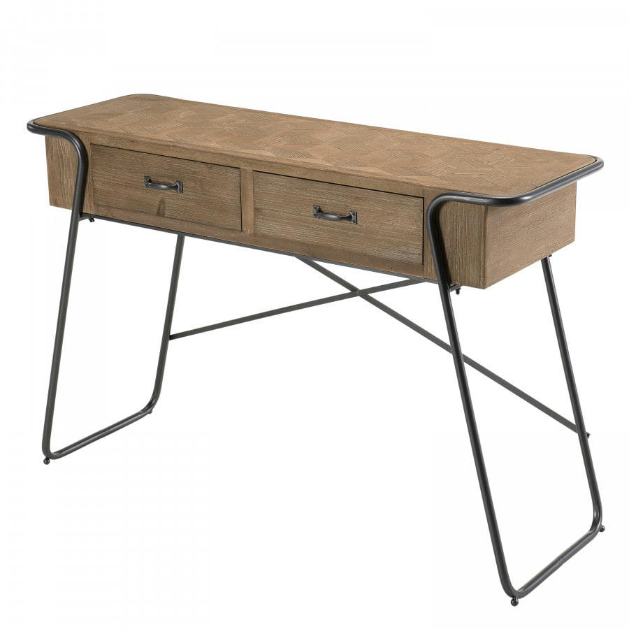 HABY - Console 2 tiroirs plateau sapin marqueté pieds métal