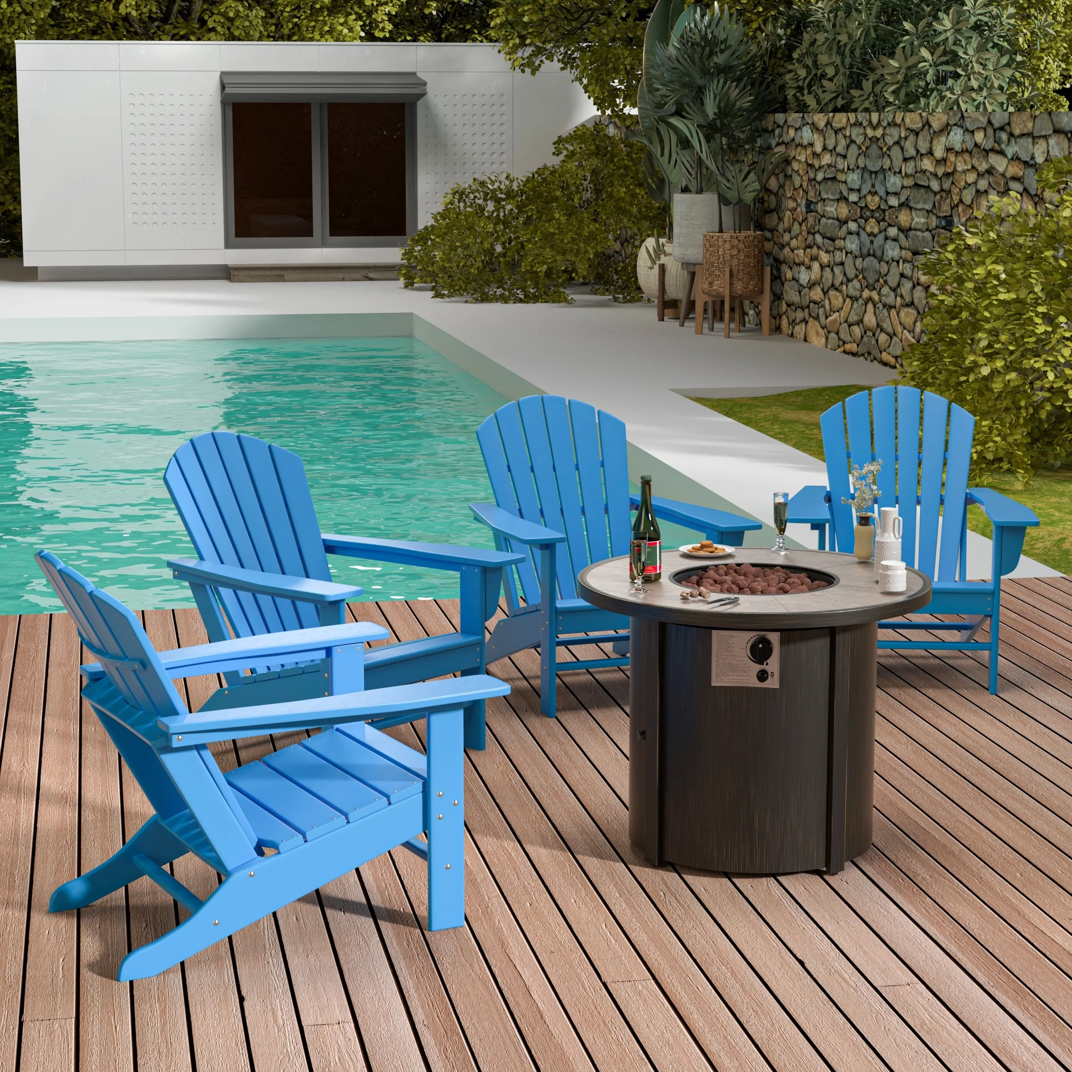 Polytrends Altura Outdoor Adirondack Chair With Round Fire Pit Table Set