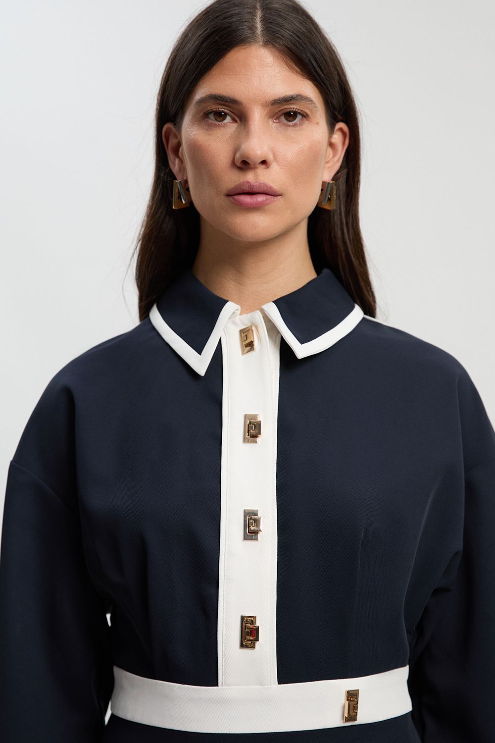 KarenMillen Twill Contrast Hardware Woven Midi Dress