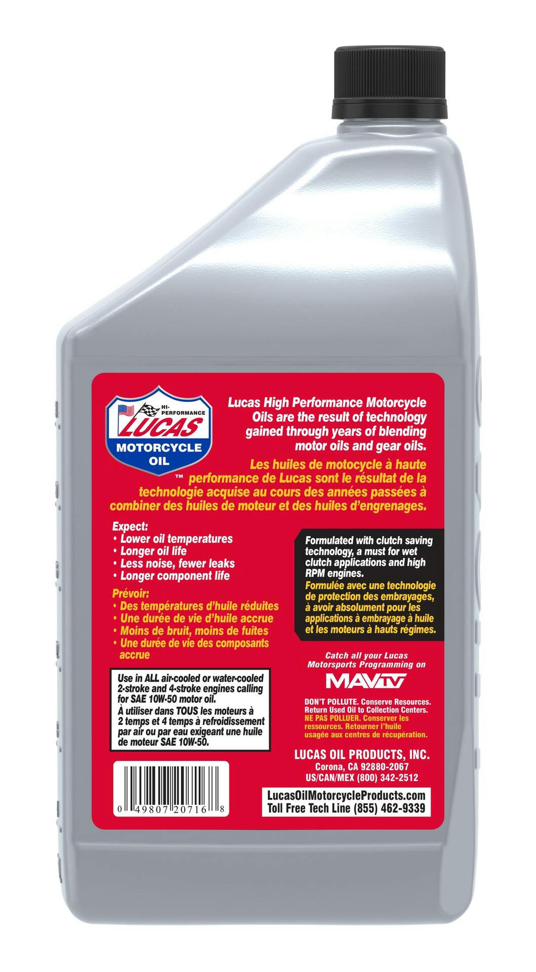 Lucas 10W50 Synthetic Motorcycle Oil, 946-mL
