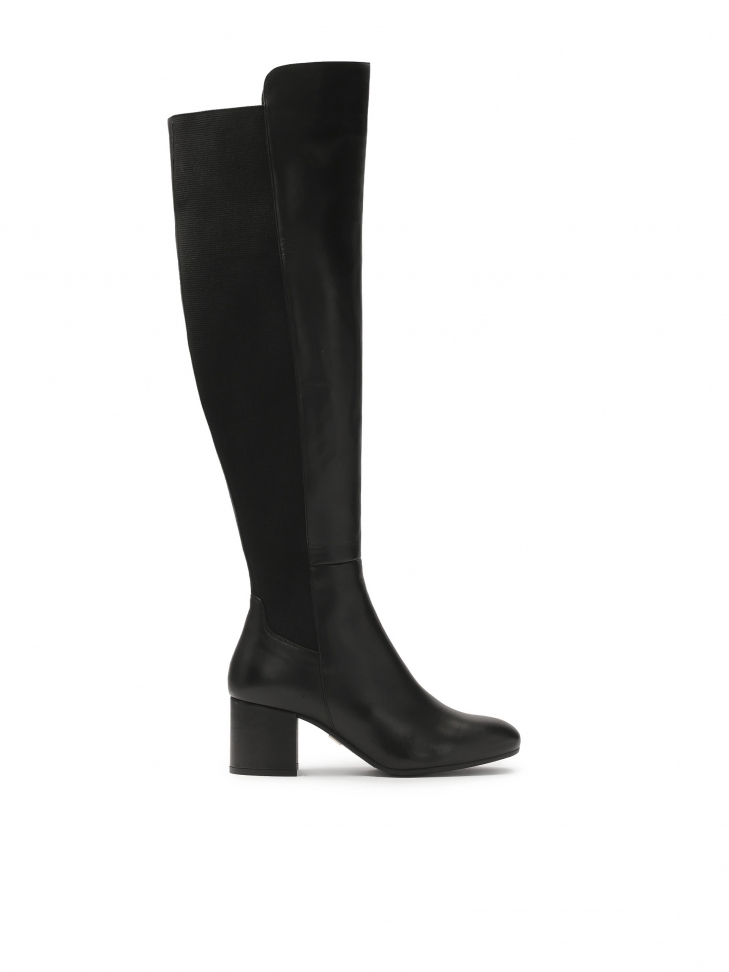 Black heeled boots with elastic inserts