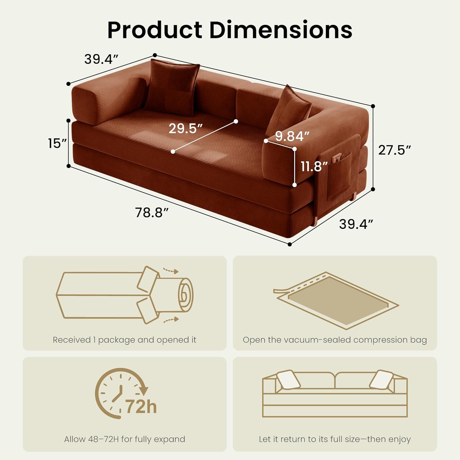 78.8 Convertible Futon Sofa Bed,Corduroy Futon Couch with Storage Pocket,Folding Pull Out Sofa,No Assembly Boneless Couch for Living Room,Rust Red