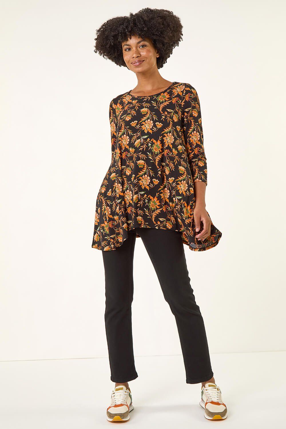Roman Floral Print Hanky Hem Stretch Top