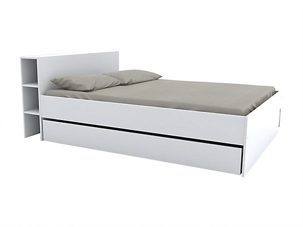 Lit avec tête de lit rangements et tiroirs 140 x 190 cm - Blanc - EUGENE