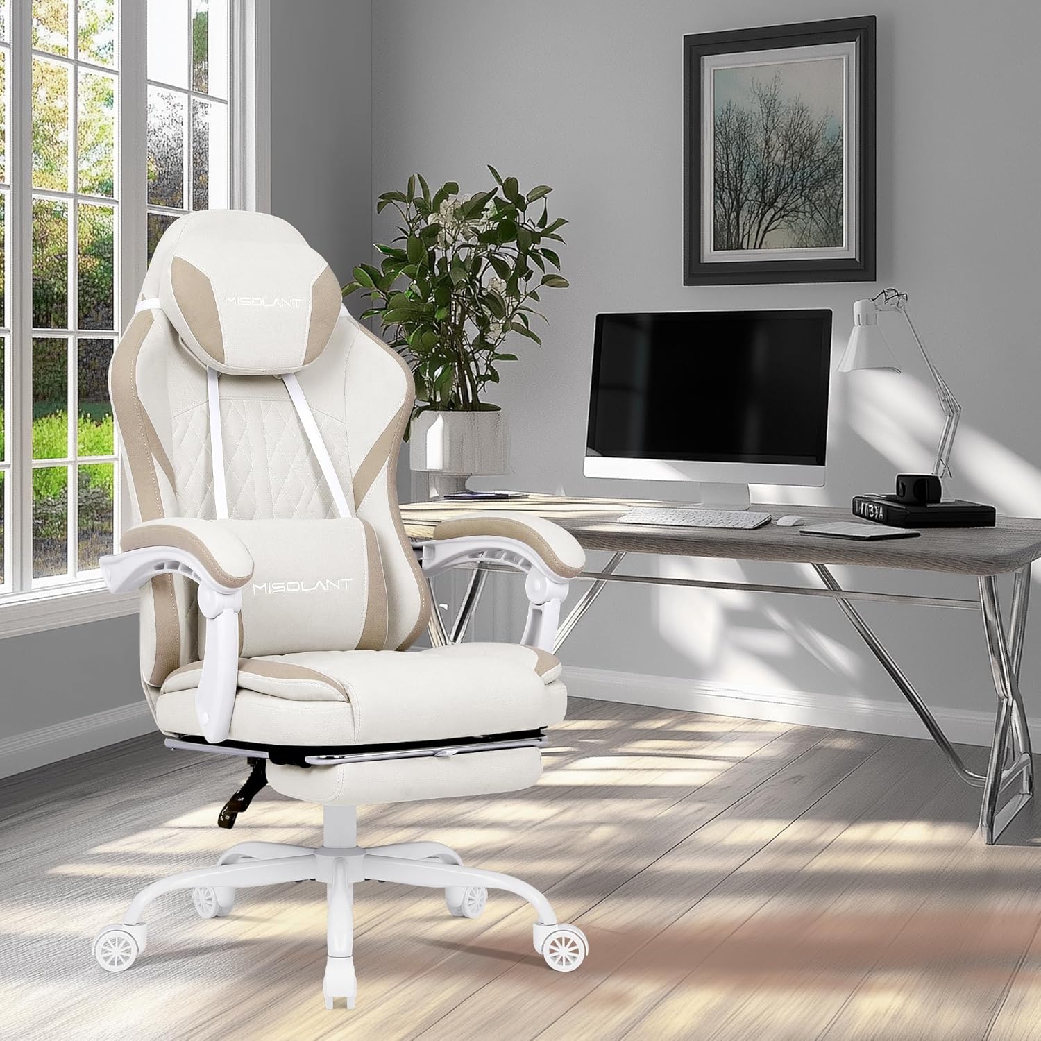 Misolant Gaming Chair, Fabric Gamer Chair with footrest for Adults, High Back Ergonomic Computer Game Chair with Adjustable Headrest and Massage Lumbar Support, 90-155° Recline Free, Beige