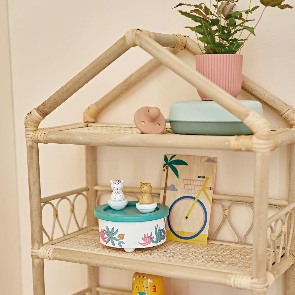 MADRID - Boîte à musique animaux en bois de hêtre vert, jaune et blanc