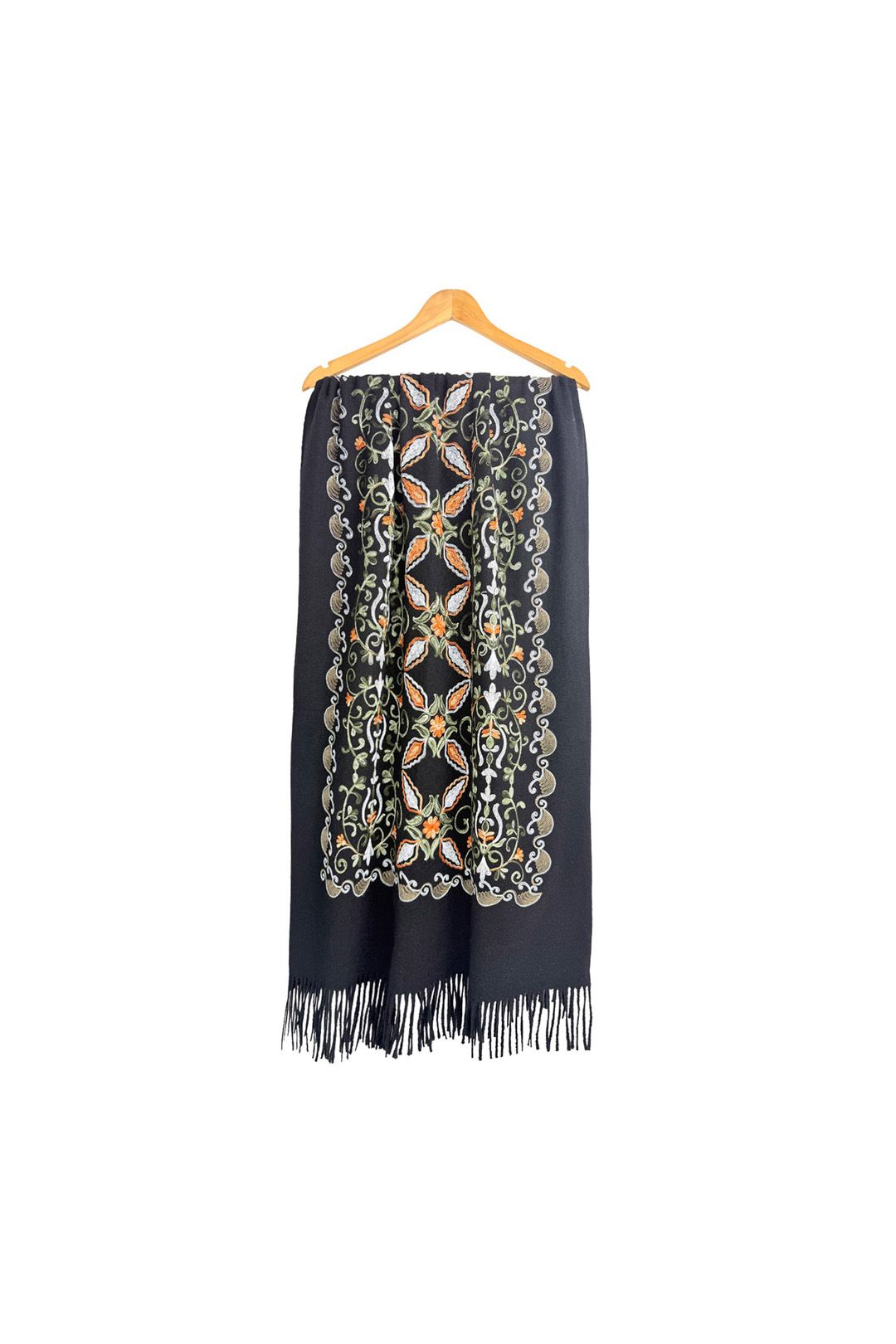 Vellin Embroidered Floral Pattern Scarf – Soft Touch, Elegant Fringed Ends