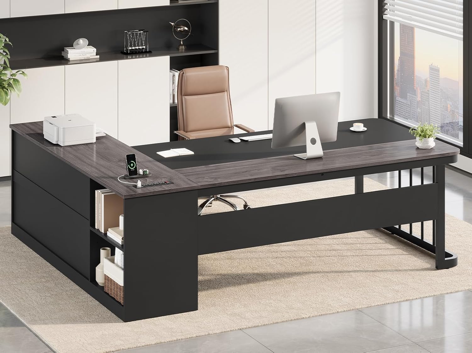 71 Executive Desk, Large Office Desk with Drawers & Storage Shelves, Modern L Shaped Computer Desk Corner Desk with Power Outlets, File Cabinet, Business Furniture Desk Workstation (Grey)