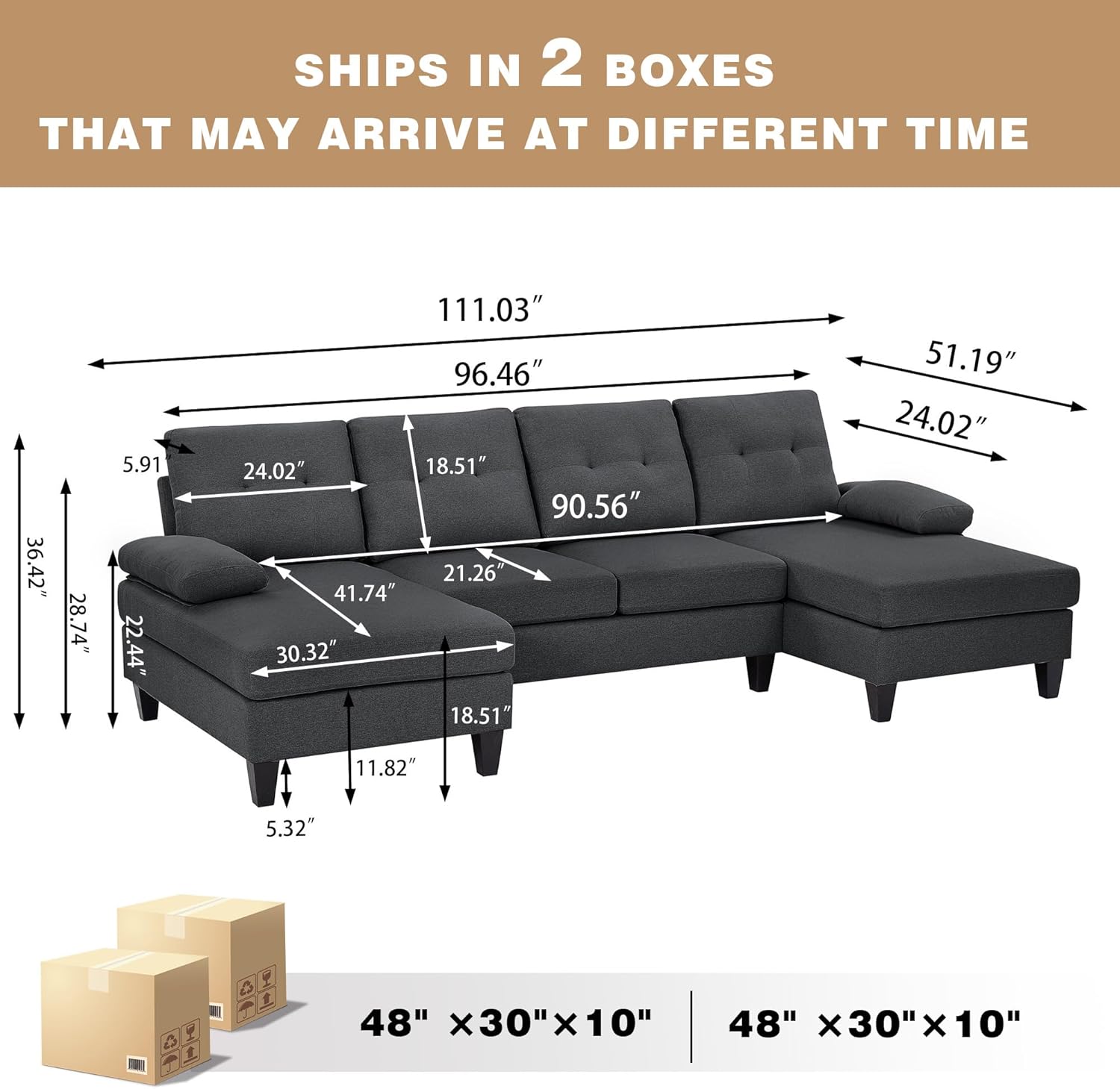 111 Sectional Couch for Living Room, Modern Polyester Fibre U Shaped Sofa Couches with Double Chaise, Upholstered 4 Seater Sofa for Living Room, Apartment, Office, Dark Grey