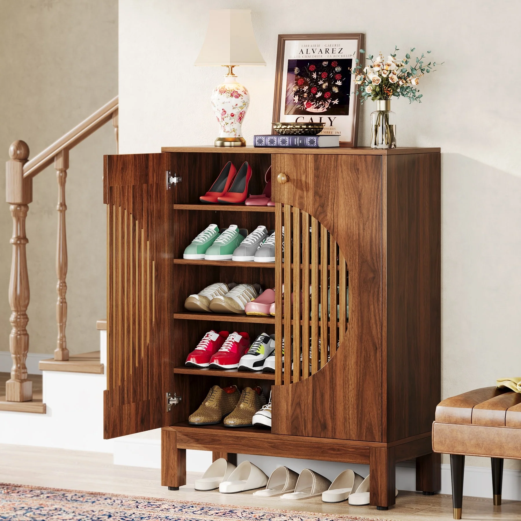 Wooden Shoe Storage Cabinet with Adjustable Shelves for 20 Pair of Shoes