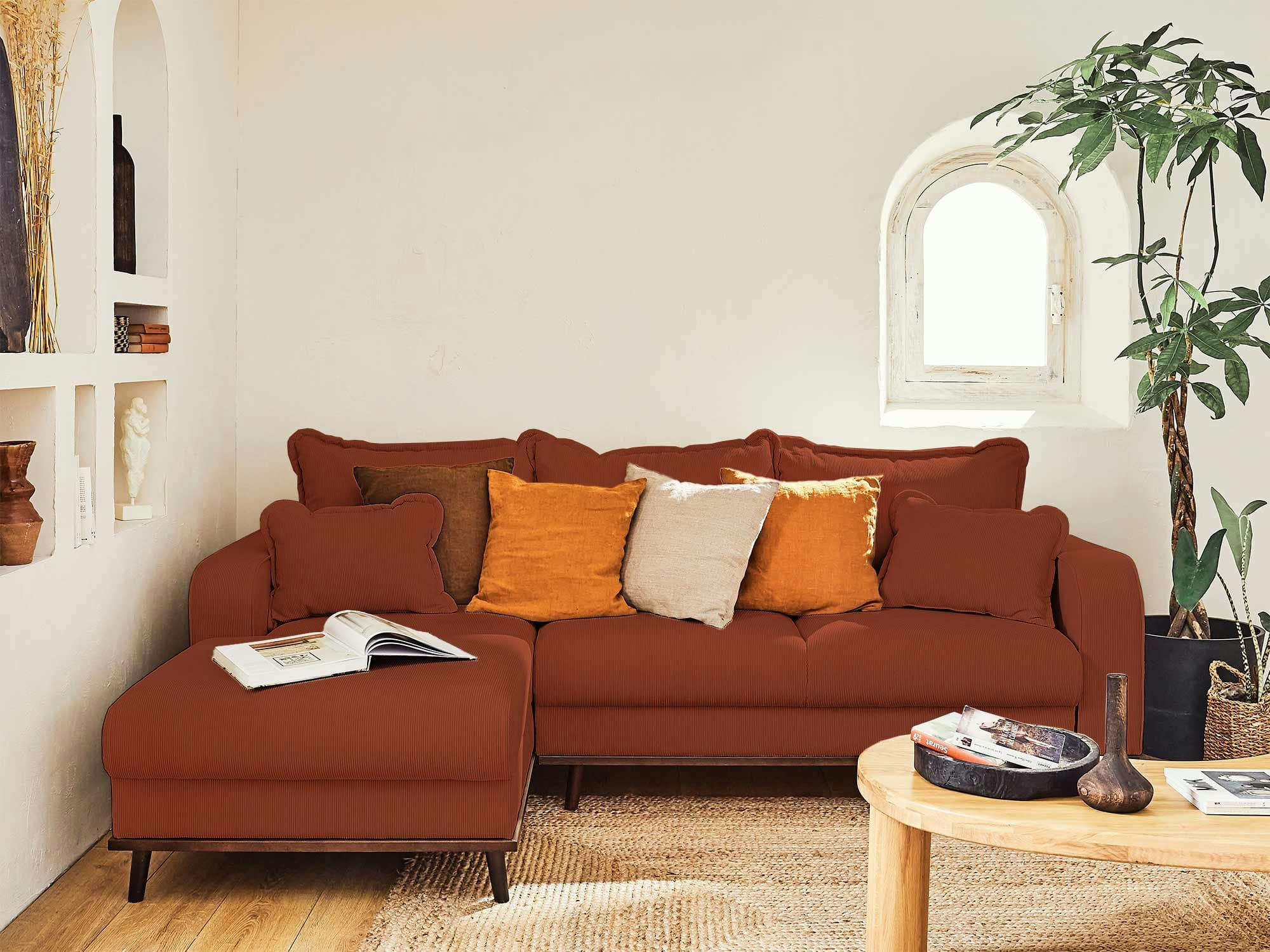 BILLIE - Canapé d'angle gauche convertible 4 places en velours côtelé rouille