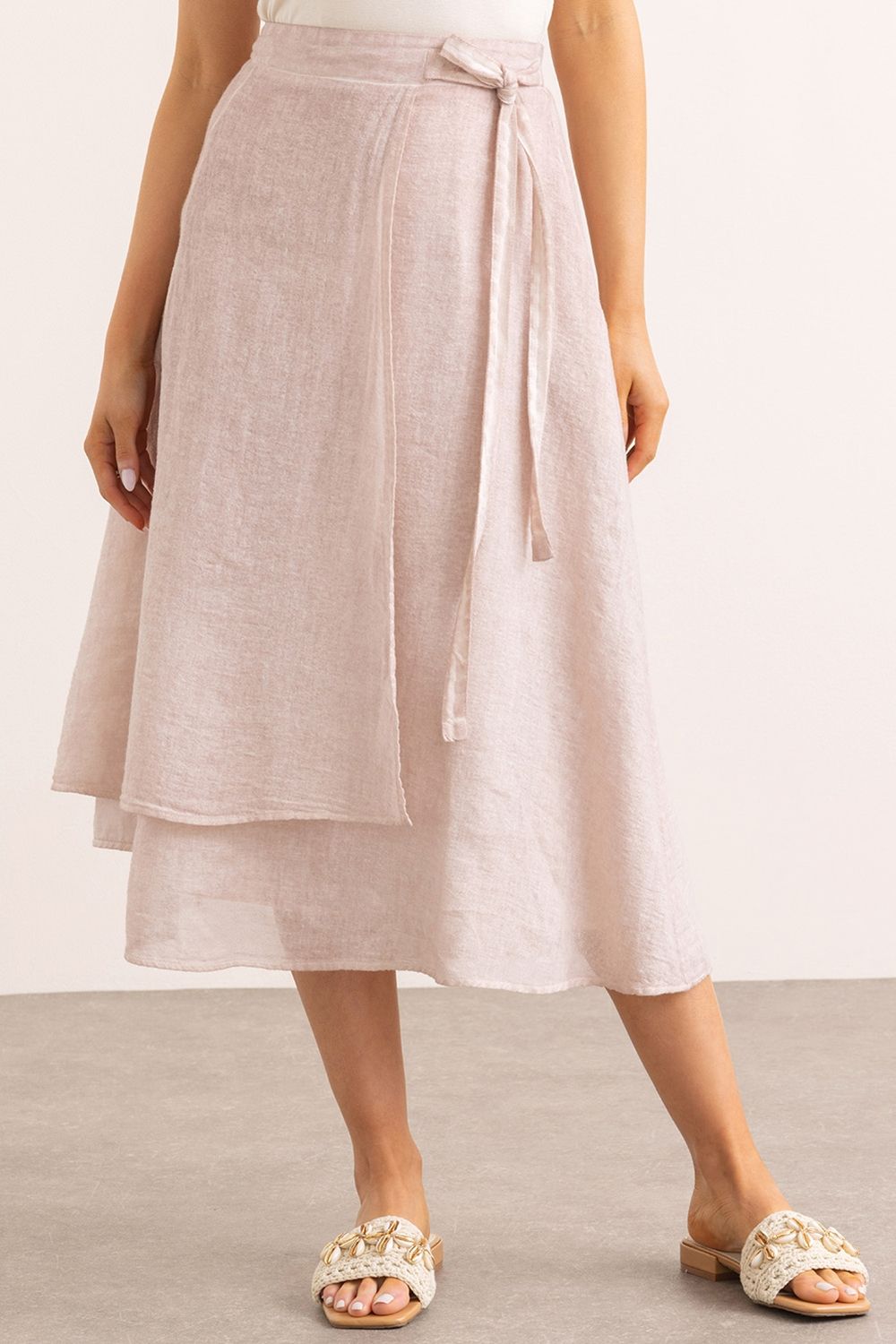Klass. Linen Blend Mock Wrap Midi Skirt