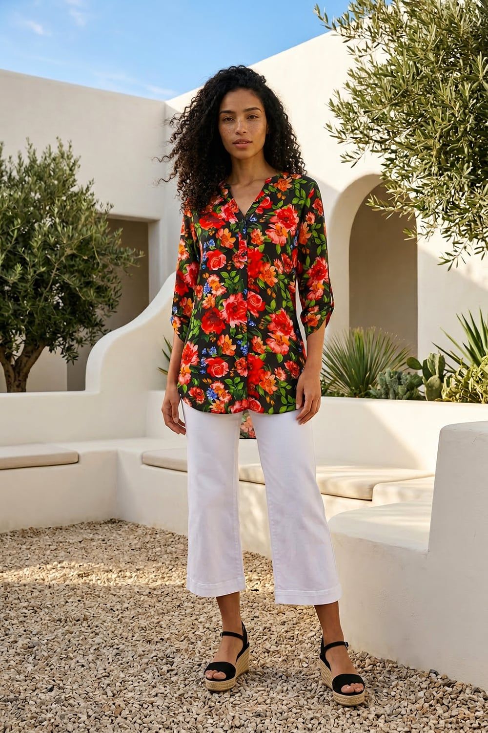Roman Floral Longline Button Top