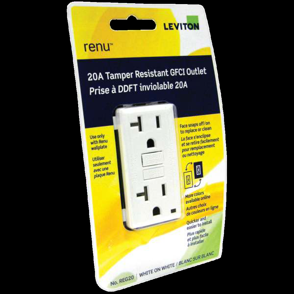 Leviton RGF20-792 Renu Tamper-Resistant GTFCI Outlet, 20A, 125V, Self-Grounding Wire, White, Wallplate not Included