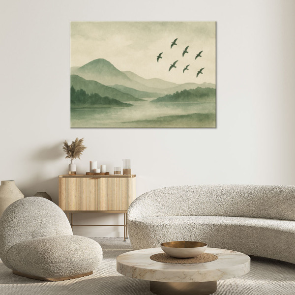 Feeby Obraz, Góry Rzeka Ptaki Akwarela Zieleń Mgła 60x40