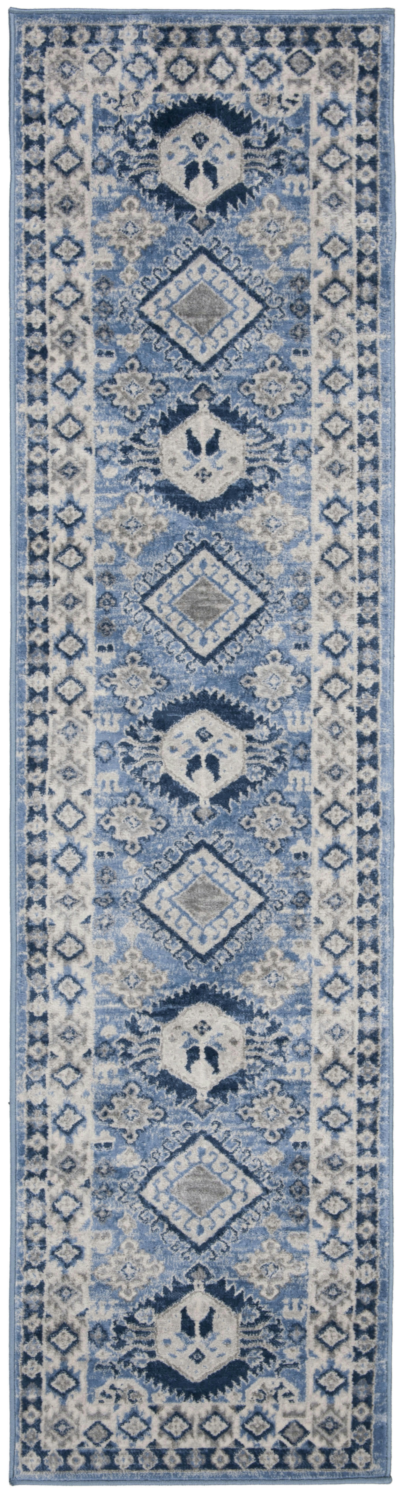 KAZAK - Tapis de salon interieur en bleu & crème, 61 x 244 cm
