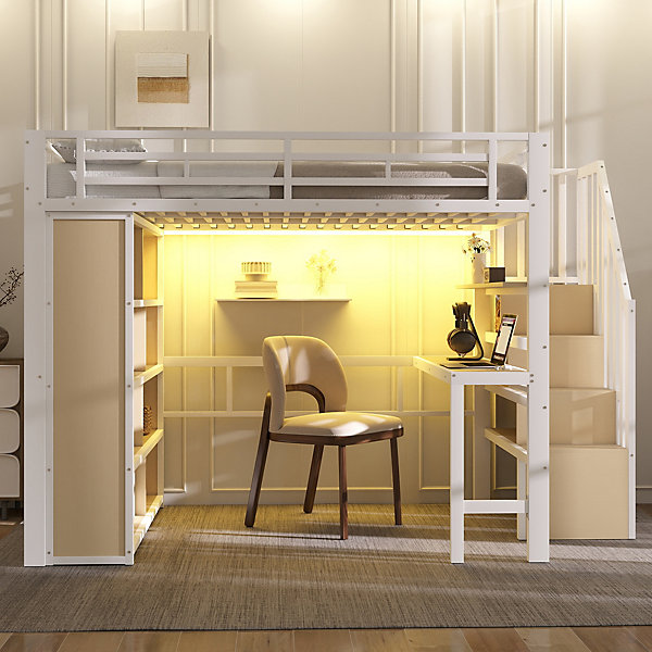 Lit Mezzanine 140x200 cm - Lit Ado avec Bureau Intégré, LED et Escalier de Rangement, Métal   MDF, Blanc
