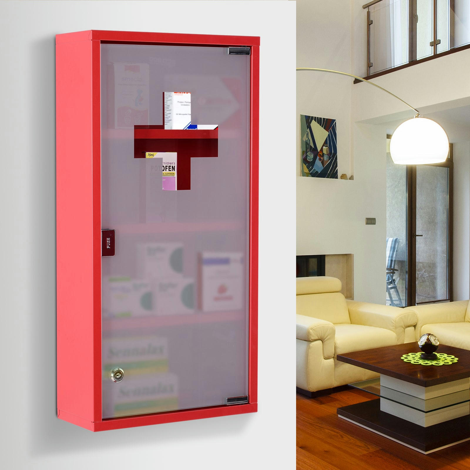 - Armoire à pharmacie 3 étagères porte verre trempé dépoli logo croix