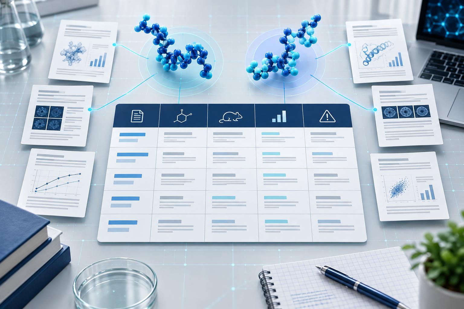Structured peptide literature matrix linking papers, model details, identifiers, and evidence limits.