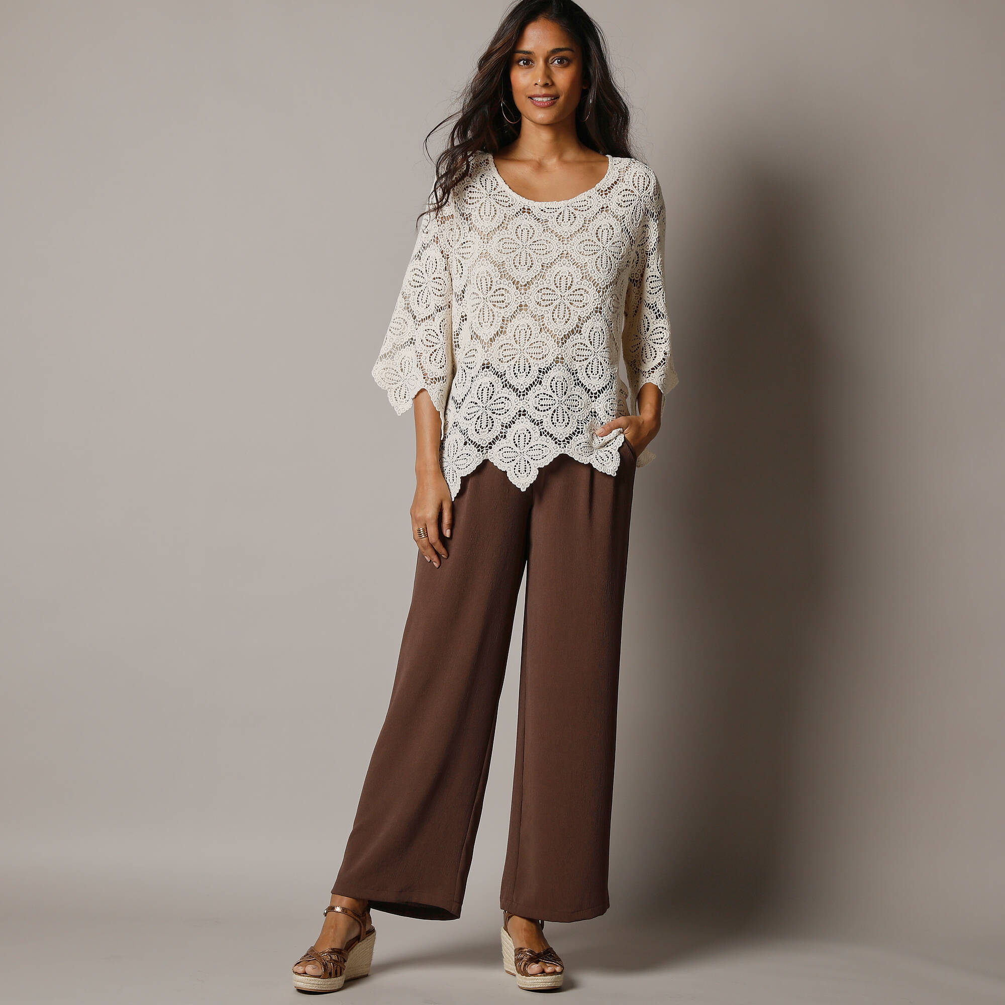 Pantalon large taille haute à enfiler, cr&ecirc;pe fluide
