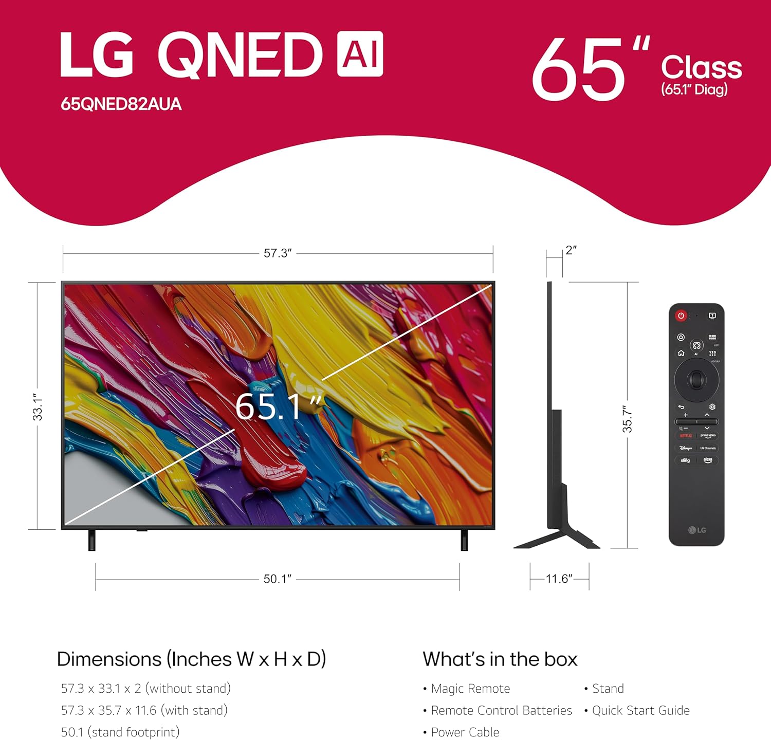 LG 65-Inch Class QNED QNED82A Series Smart TV w/AI Sound  HDR10  4K Super Upscaling  Filmmaker Mode  Wow Orchestra  Alexa Built-in (65QNED82AUA  2025)