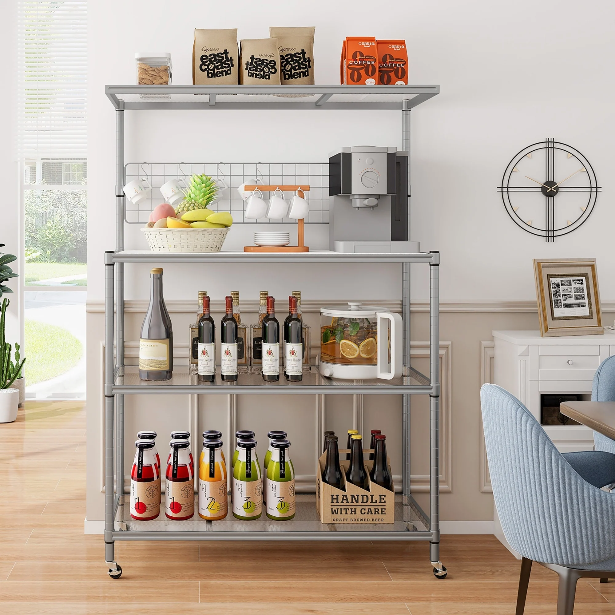 Gymax 4-Tier Coffee Bar Table w/Adjustable Shelves S Hooks Hanging Net