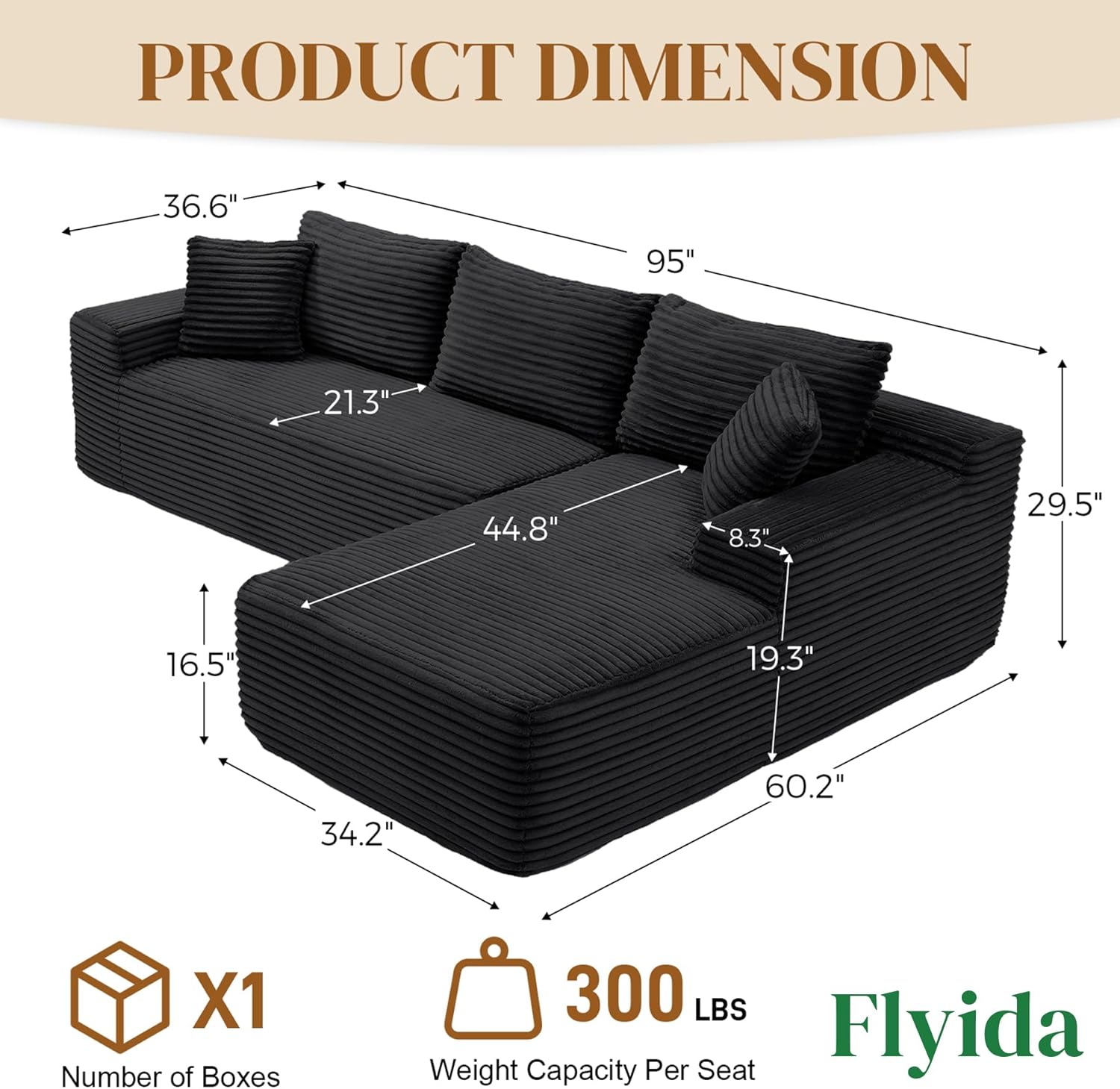 95 Boneless Cloud Sectional Couches for Living Room, Comfy Fluffy L Shaped Deep Seat Memory Foam Boneless Couch, Modular Sectional Sofas with Right Facing Chaise, Black