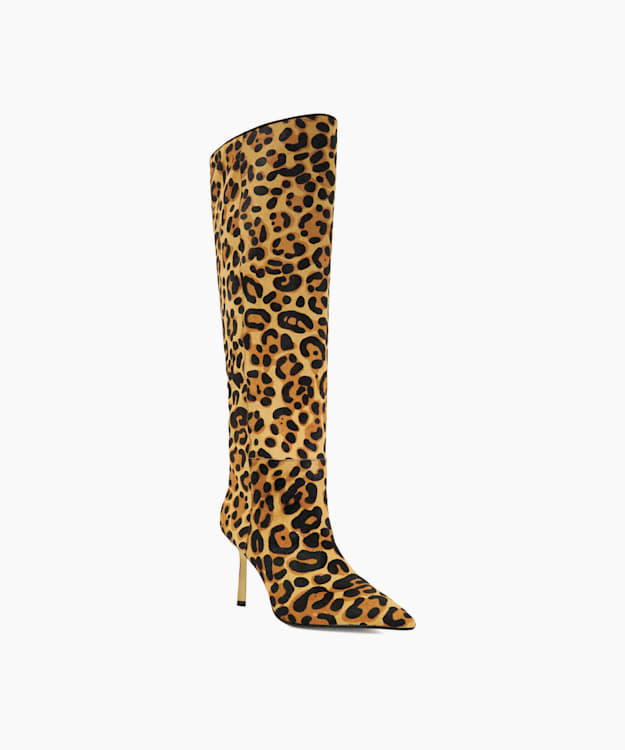 Solara Leopard - Pointed Toe Emerald Heel Knee High Boots