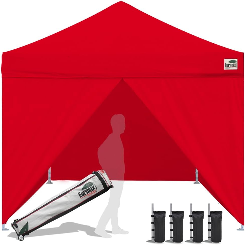 Eurmax USA 10 x 10 Pop up Canopy Commercial Tent Outdoor Instant Canopies Party Shelter with 4 Full Zippered Walls and Roller Bag Bonus Sand Bags(Red)