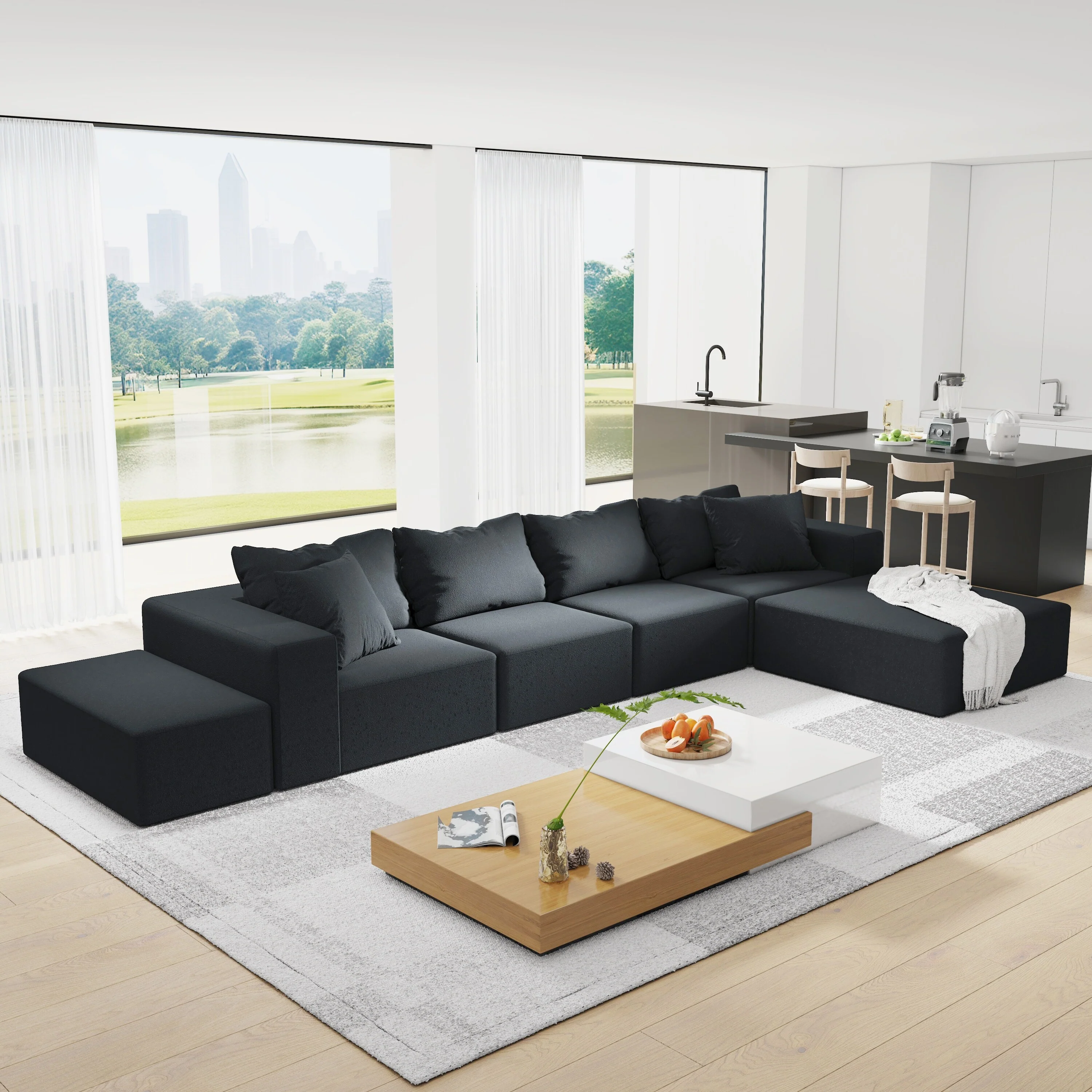 132 Modular L-Shaped 6 Seater Sectional Sofa Set with 6 Pillows and Ottoman, Customizable Design for Living Room