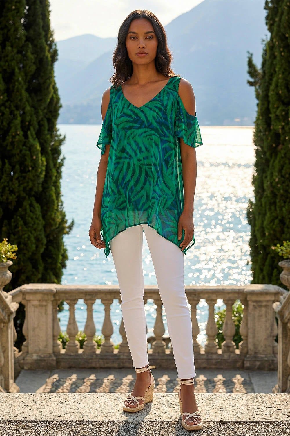 Roman Leaf Print Cold Shoulder Top
