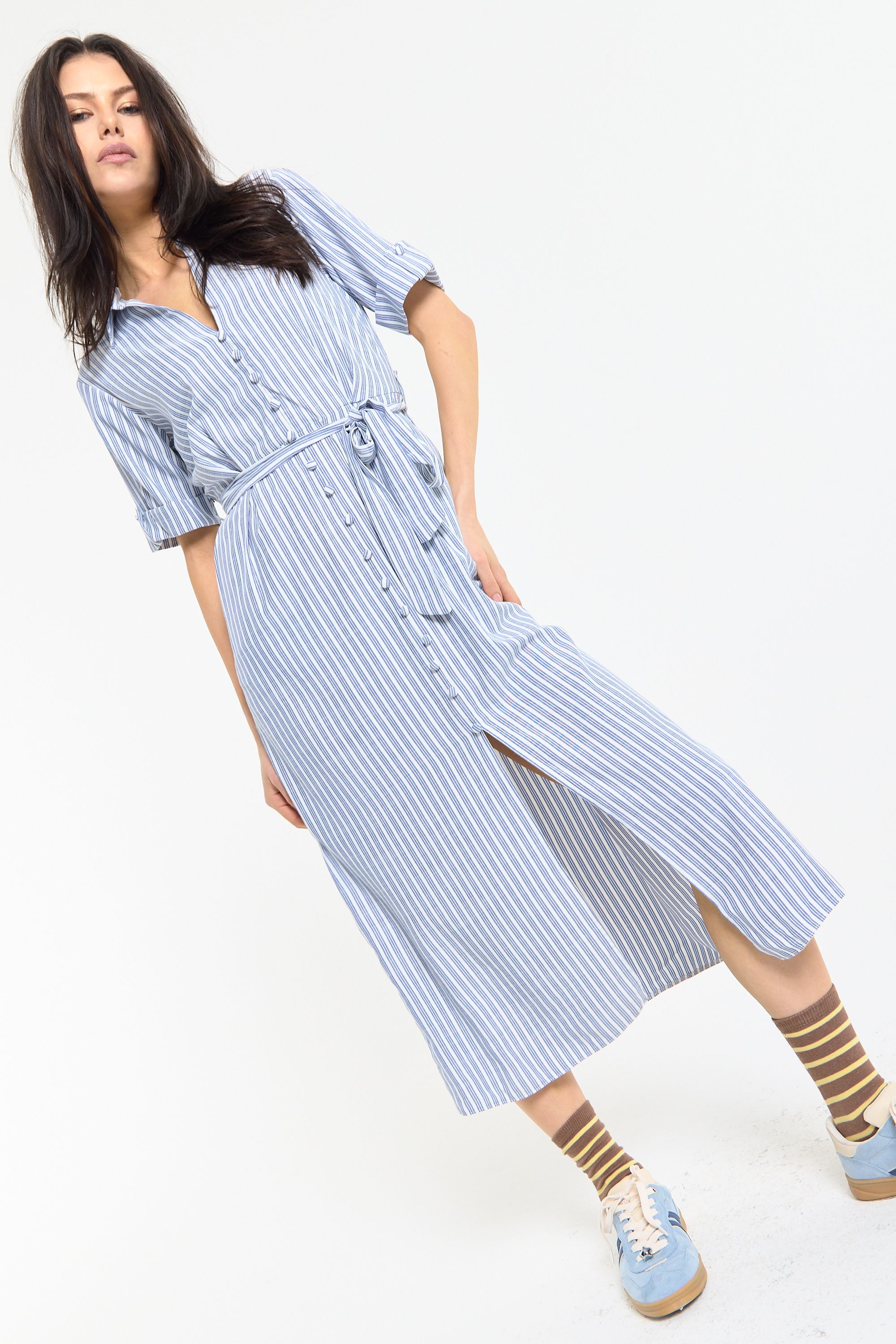 House of Holland Blue Stripe Tie-Waist Midi Shirt Dress