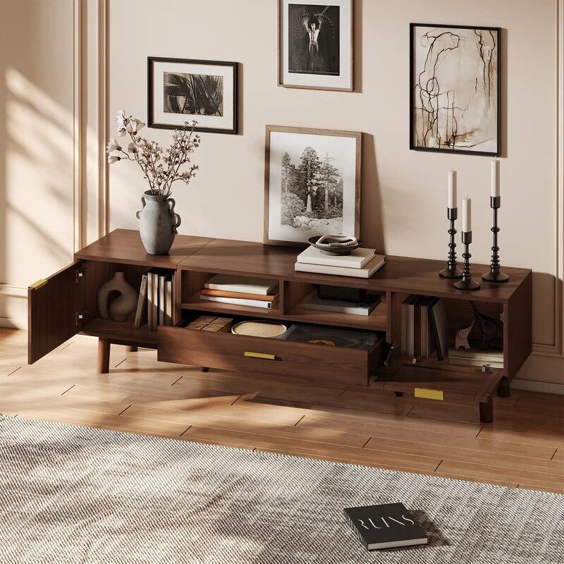 Wood Fashionable TV Stand for 75 TVs, TV Cabinet with Soft-Closing Door and Drop-Down Door Cabinet,Dark Brown