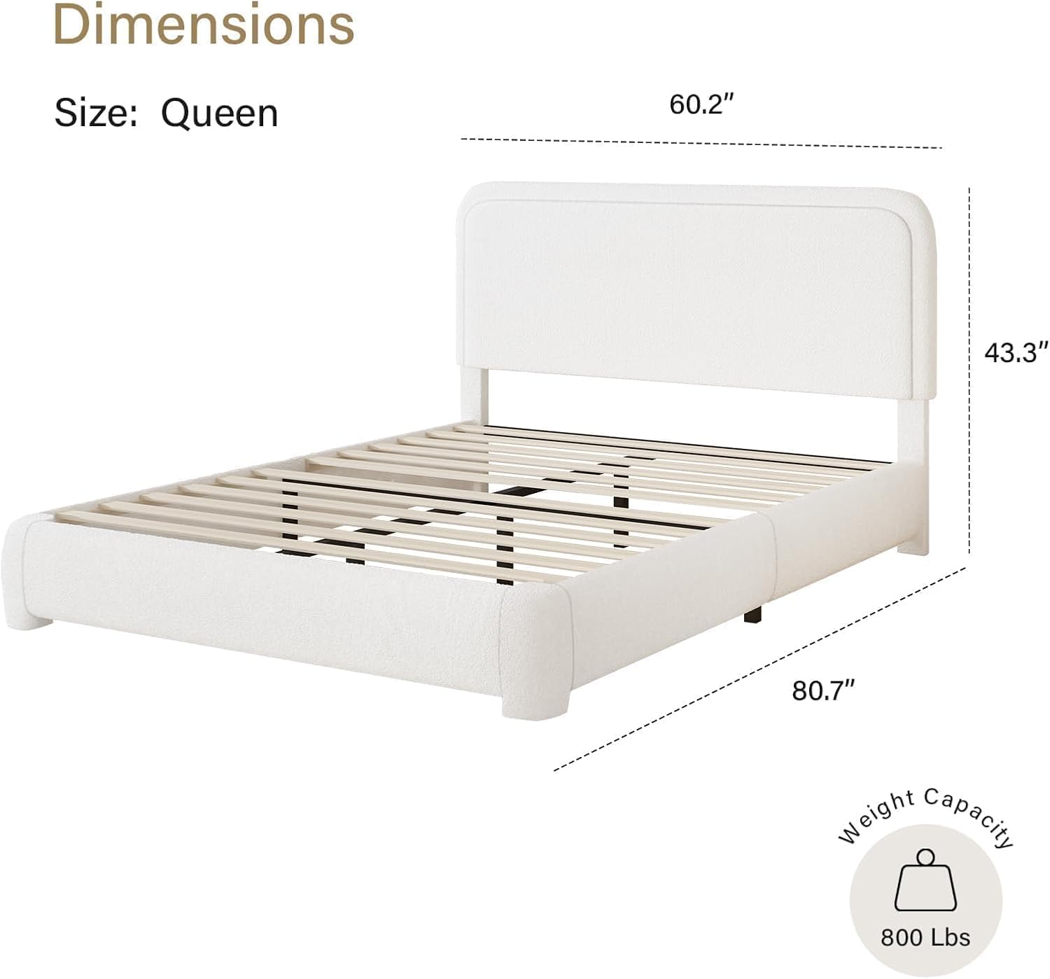 BarnFurin Queen Bed Frame with Headboard, Boucle Upholstered Platform Bed Frame, Luxurious Soft Rounded Corners, No Box Spring Required, Non-Slip and Noise-Free, Easy Assembly, White