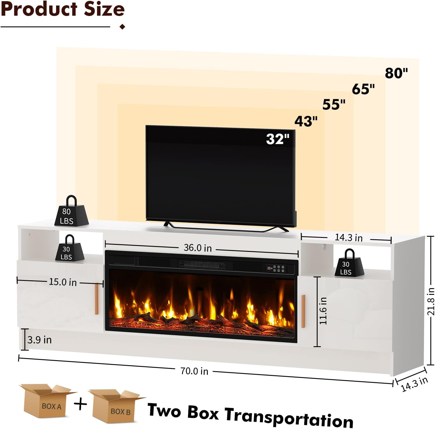 BREEZEHEAT TV Stand with Fireplace-Fireplace TV Stand for 75+ inch TV, LED Entertainment Center for Living Room w/ 36 Fireplace Inserts, TV Console with Cabinet, White
