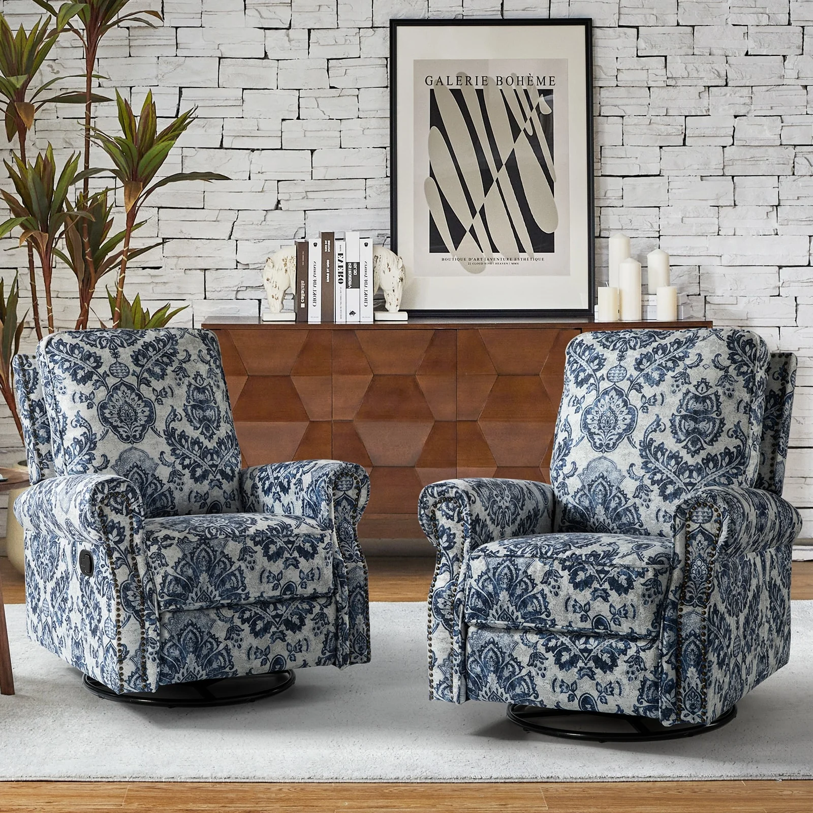Roderich Farmhouse Floral Print Swivel Rocker Recliner with Rolled Arms Set of 2 by HULALA HOME