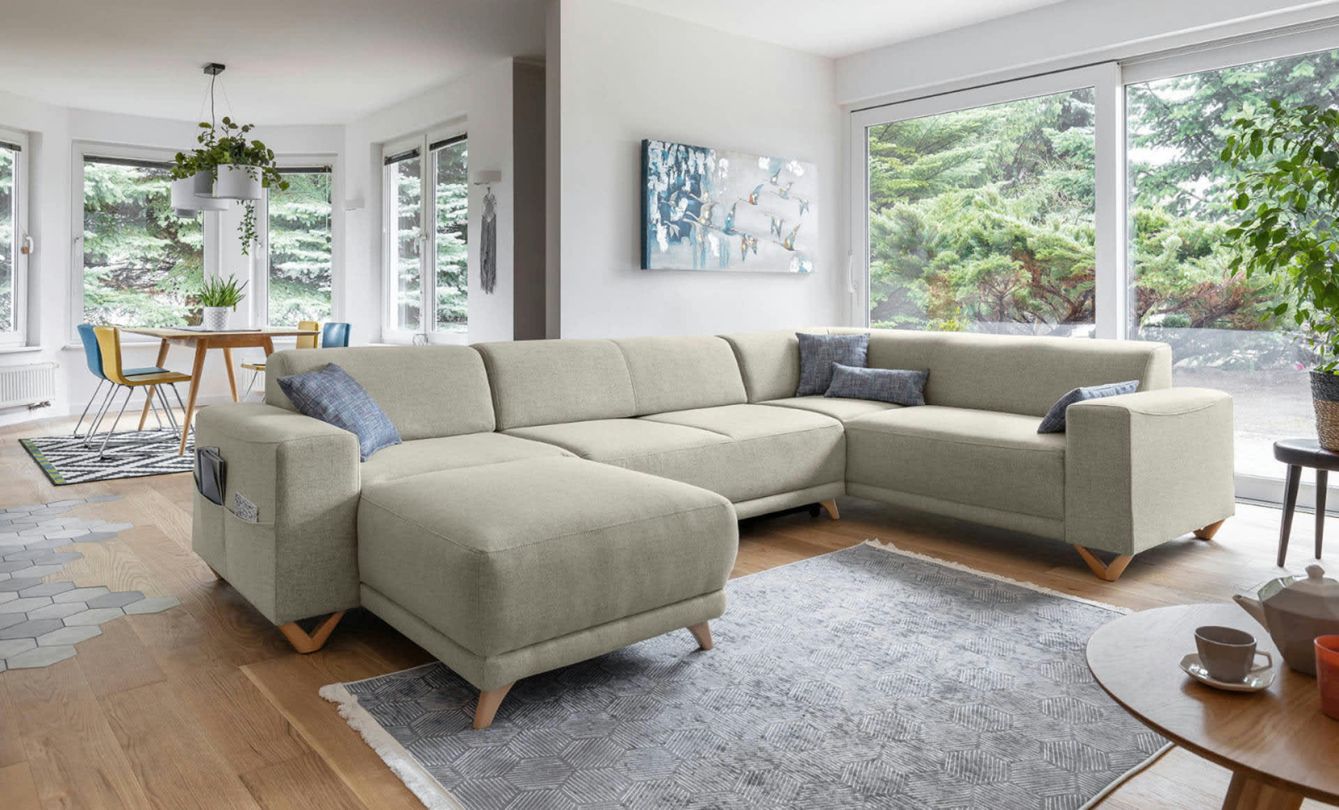 BELLA - Canapé panoramique 7 places angle droit en tissu beige