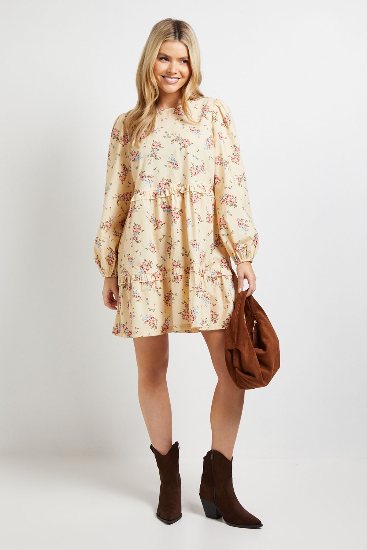 Dorothy Perkins Yellow Ditsy Floral Frill Tiered Printed Poplin Mini Smock Dress