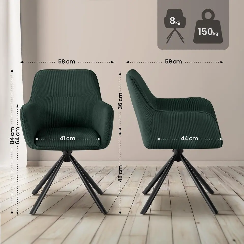 CLP Eetkamerstoel Tipton zwart Frame - Ribstof - groen