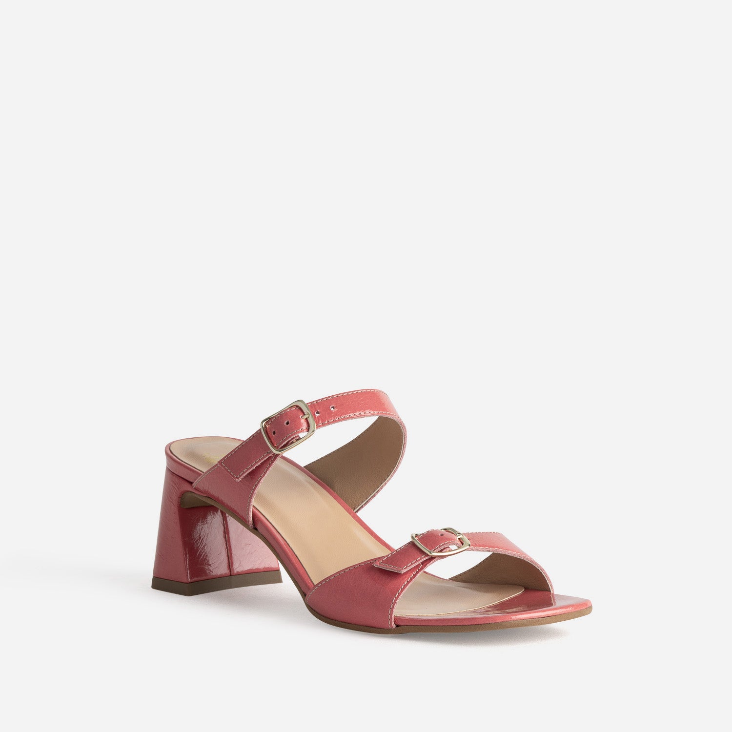 Mule à talon rose cuir verni double bride