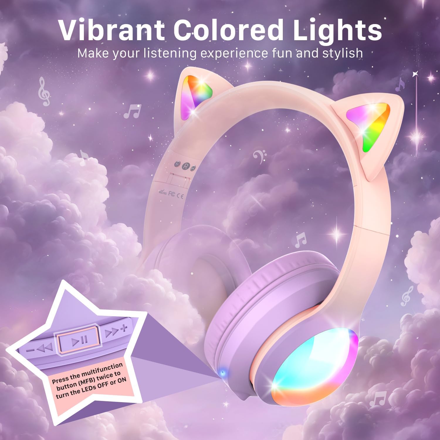 FosPower Kids Bluetooth 5.2 Headphones with LED Cat Ears (85/94dB Safe Volume Limit) Foldable Wireless or Wired Headset with 100hr Play Time and 3.5mm Cable for School/Travel - Light Pink/Light Purple