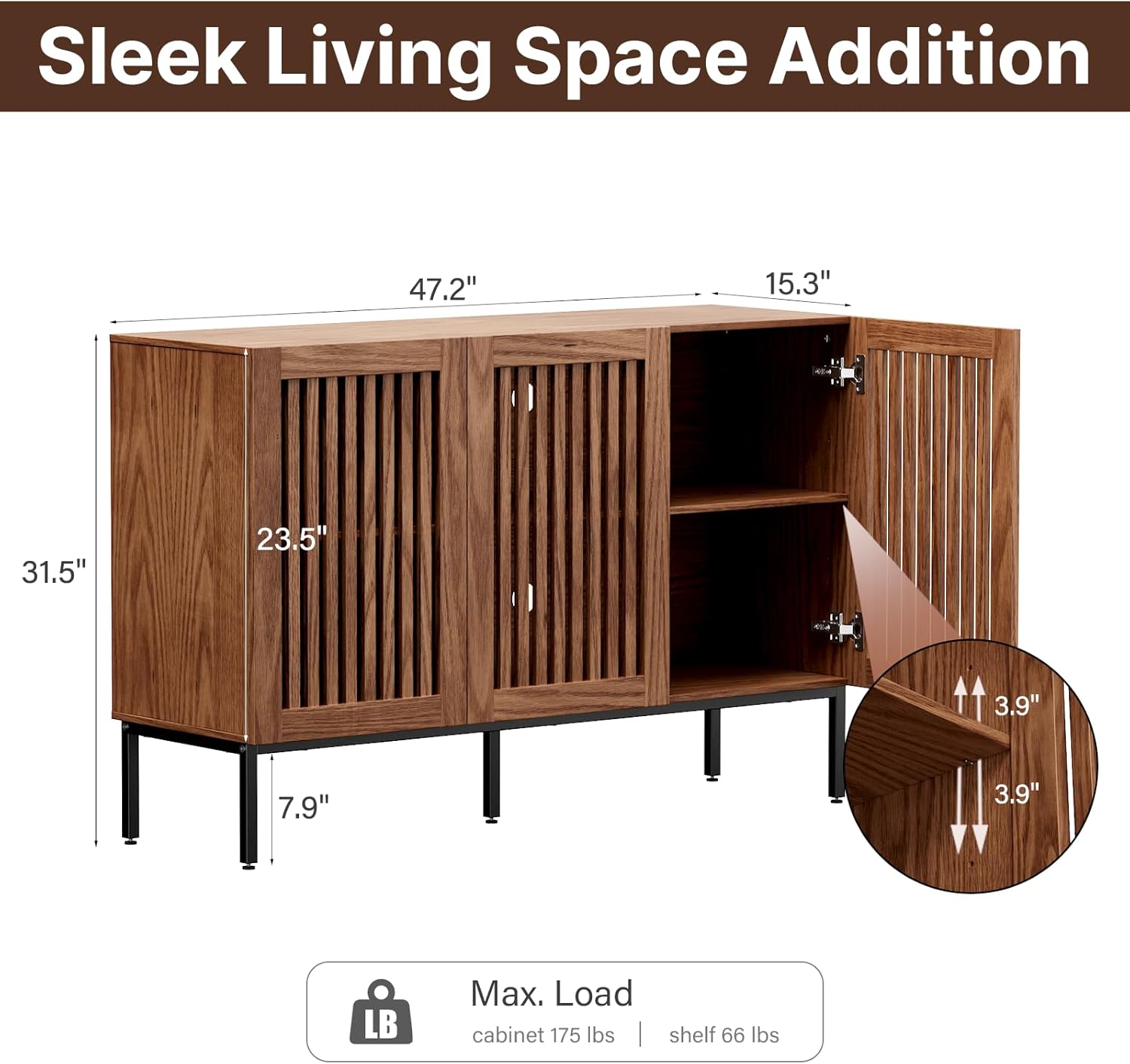 BVIUNTWO Buffet Cabinet, Modern Credenza Storage Cabinet with Adjustable Shelves and Metal Base, 47 Inch Wood Multifunctional Console Table for Kitchen, Living Room, Entryway, Brown