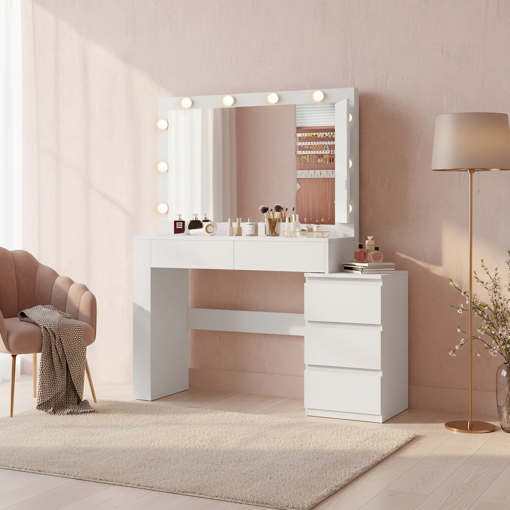 Coiffeuse avec Miroir LED et 5 Tiroirs, avec Multiprise, Moderne