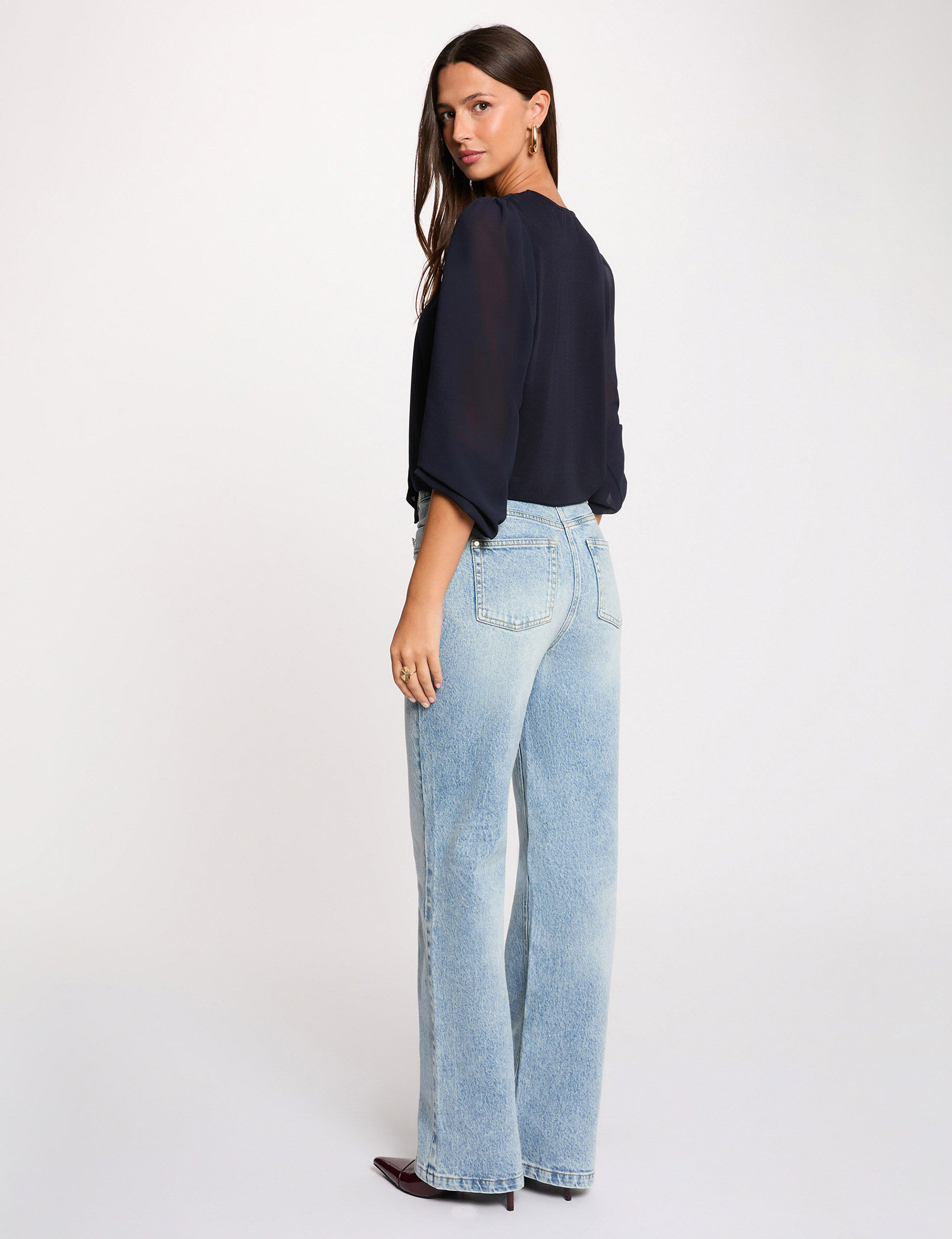 T-Shirt With Voile And Tie Neck Navy Blue Women