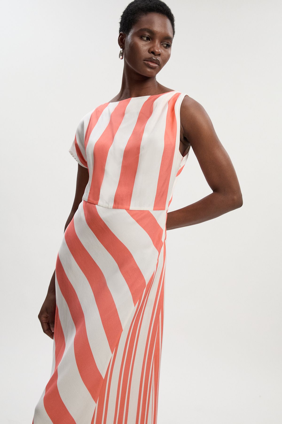 KarenMillen Viscose Linen Mixed Stripe Asymmetric Woven Midi Dress